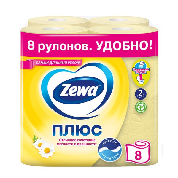 Туалетная бумага Zewa Плюс «Ромашка», 2 слоя, 8 рулонов