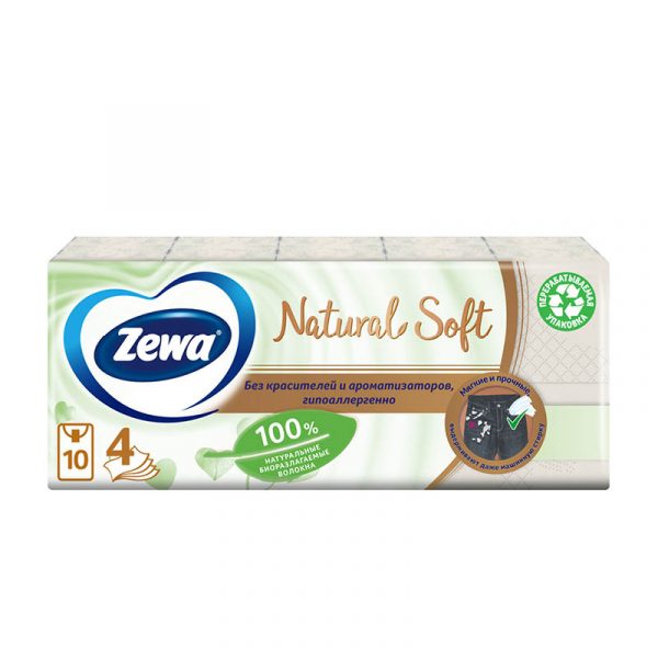 Платочки бумажные Zewa Natural Soft, носовые , 4 слоя , 9шт.* 10